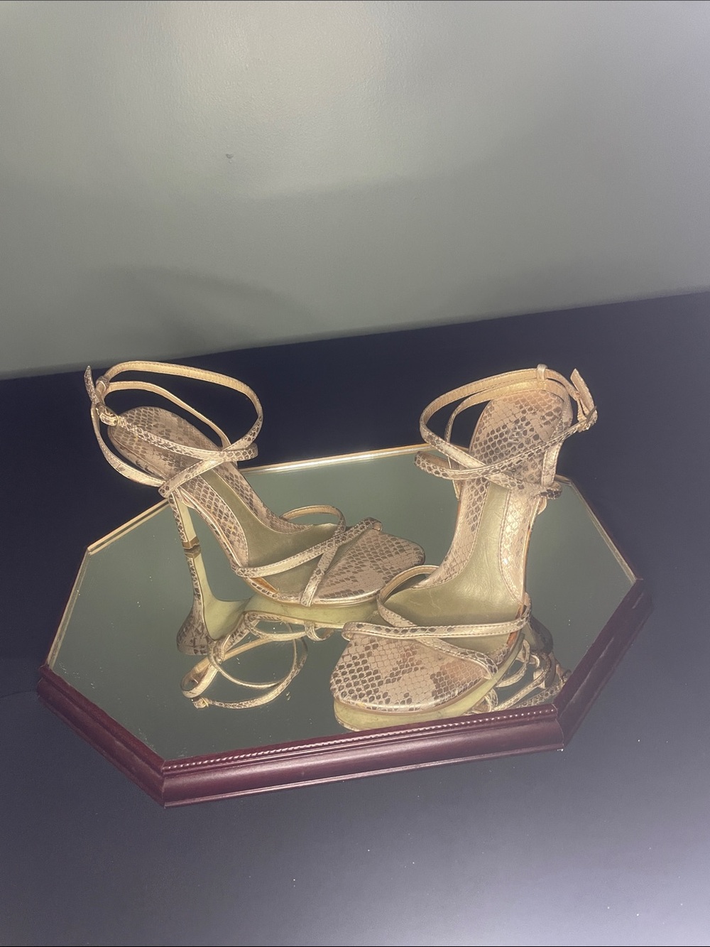 Bakers Gold Snake-Print Strappy High Heels